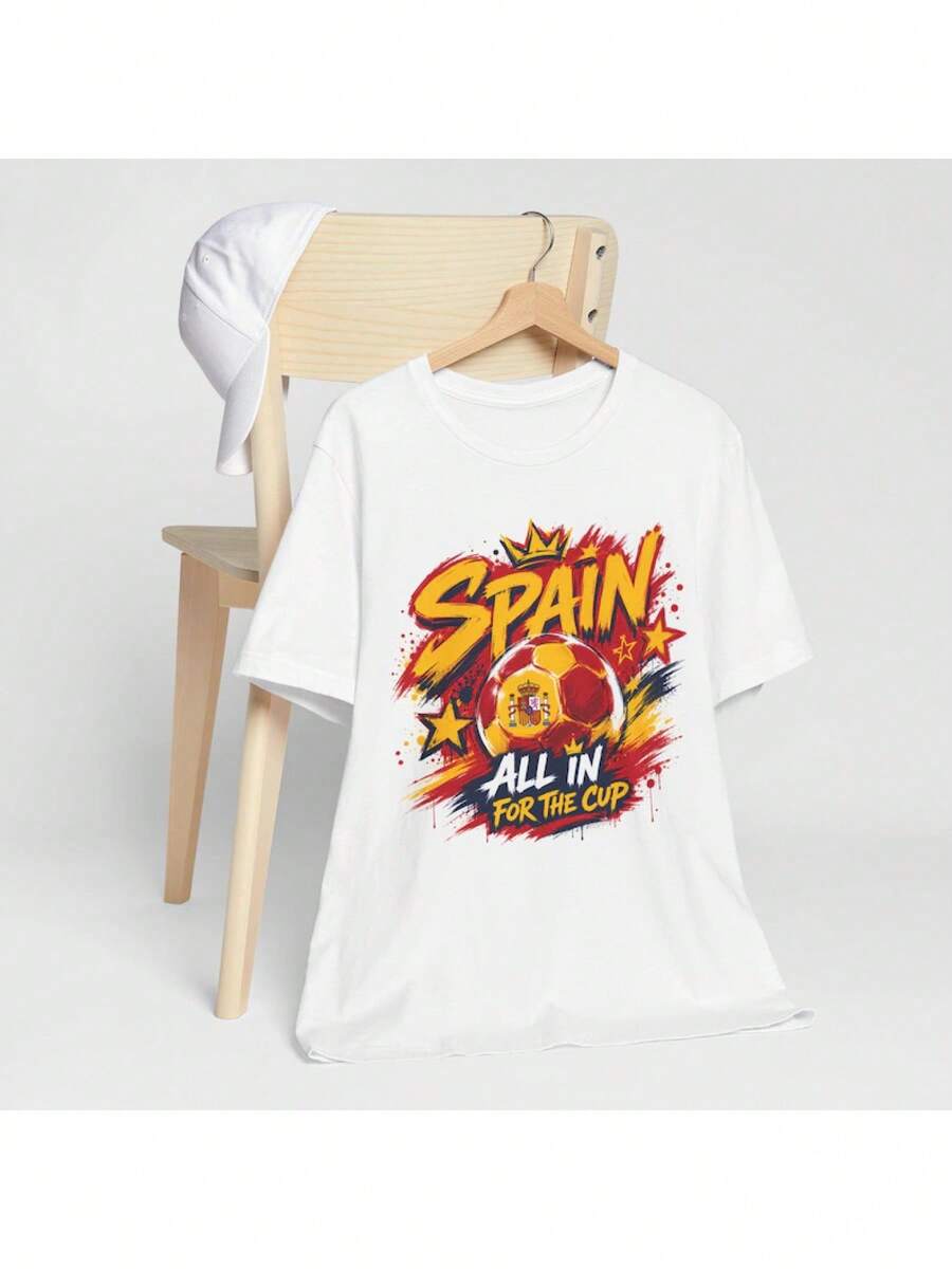 Women'S T-Shirt Spain Trophy Badge All In For The Cup Print Crew Neck Short Sleeve Soft Fabric Match Day Couple Fan Top Unisex - White - View 1