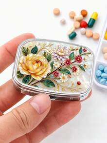 1pc Portable Floral Printed Pill Case, Mini 2 Grid Divided Medicine Tablet Storage Box, Vintage Flower Pattern Metal Pill Container For Pocket Purse Travel Daily Vitamin Organizer Gift For Women - Multicolor - View 16