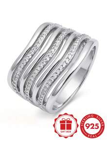 1pc S925 Sterling Silver Round White Zirconia Inlaid Ring For Women Engagement Wedding Band With Gift Box - Silver - View 6