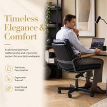 Home Office Desk Chair, Ergonomic Leather Computer Chair With Wheels And Oak Armrests, Height-Adjustable Swivel Executive Chair WL - 黑色 + 真皮 - 查看 2
