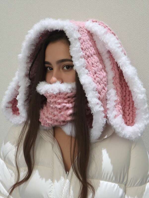 Fluffy Long Bunny Ears Hooded Scarf With Neck Warmer, Cute Chunky Knit Rabbit Hat, Winter Balaclava, Cozy Cold Weather Wrap For Women