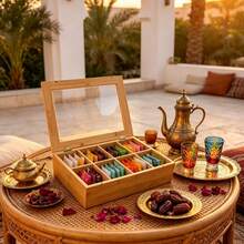Bamboo Tea Bag Storage Box, Divided Storage Box, Suitable For Middle Eastern Arabic Mint Tea And Saffron Black Tea Bags, Wooden Tea Canister, For Home Majlis Tea Room Use, Non-Food Contact Bamboo Tableware - Champagne - View 1