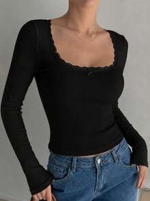 2pcs/Pack Women's Ribbed Knit Long Sleeve Tops, Slim Fit Crew Neck Shirts With Lace Trim And Bow Detail, Black & White Basic T-Shirts - Multicolor - View 9