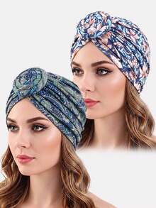 2pcs Women's Bohemian Snail Flower Headscarf Hat, Headwrap, Hair Protection Cap, Suitable For Daily Use - Multicolor - View 5