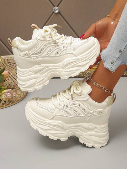 Women's Wedge Heel Thick Sole Lace-Up Rhinestone Casual Chunky Sneakers With Hidden Height Increase