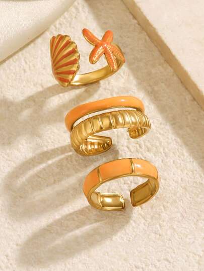3pcs Stainless Steel 18K Gold Plated Summer Bohemian Style Orange Geometric Starfish Ring Set, Suitable For Women's Daily, Holiday, Vacation Wear