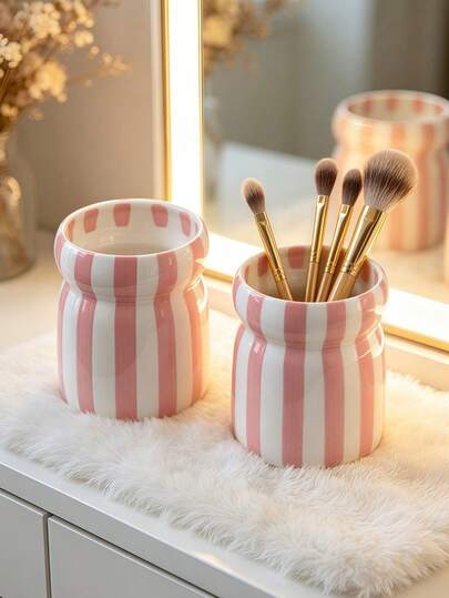 Pink Striped Makeup Brush Holder, Cute Cosmetic Organizer With Aesthetic Design, Beauty Tool Storage Container For Vanity Desk Bedroom Bathroom Decor, Stylish Home Accessories Gift For Women