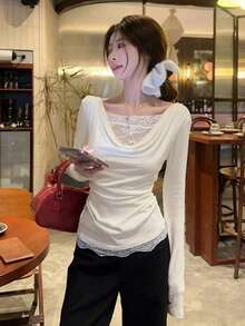 Draped Neck Pleated Long Sleeve Layered Lace Patchwork T-Shirt - Apricot - View 4