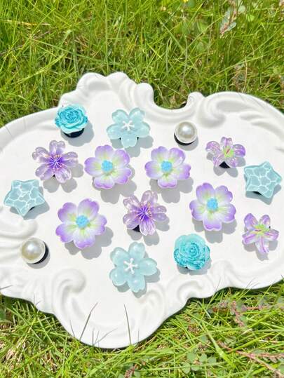 16pcs Purple Flower Accessories, Floral DIY Shoe Decor, Suitable For Perforated Sandals, Elegant & Fashionable, Gift For Girlfriend