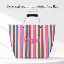 (Custom) Personalized Embroidered Minimalist Striped Canvas Tote Bag, Original Niche Versatile Commuter Large Capacity Handbag Shoulder Bag For Students - Multicolor - View 3
