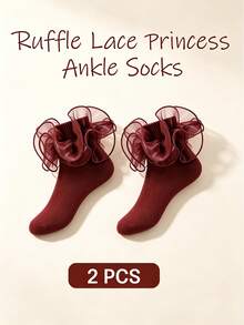 2 pares de calcetines para bebé niña con grandes volantes de encaje 3D, calcetines de danza de princesa de algodón puro - Burdeos - Ver 2