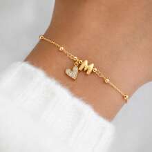 1pc New Classic Gold Color Bubble Initial Heart Stainless Steel Bead Bracelet For Women - Yellow Gold - View 1