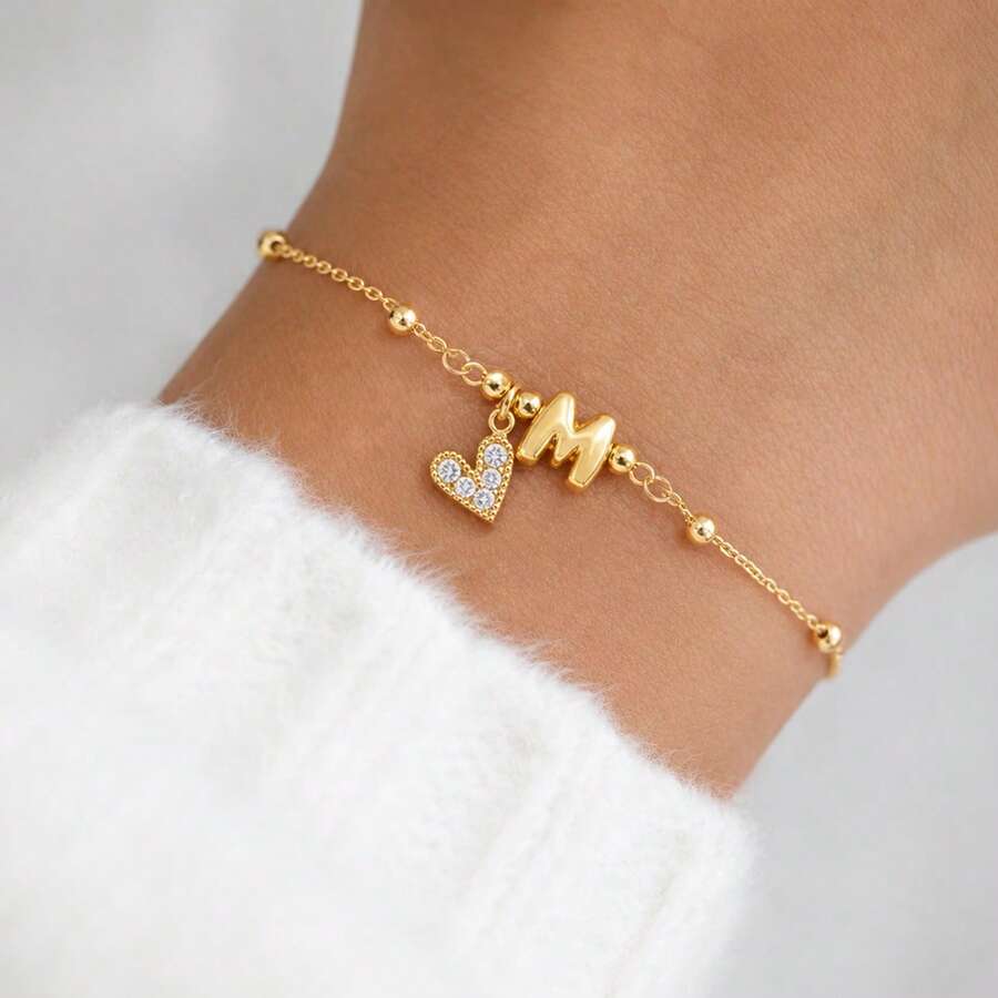 1pc New Classic Gold Color Bubble Initial Heart Stainless Steel Bead Bracelet For Women - Yellow Gold - View 1