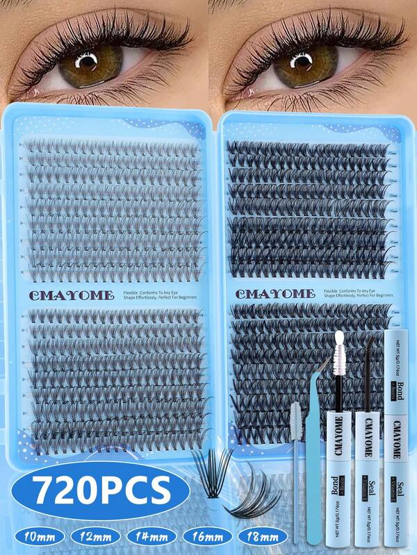 Large-Capacity D-Curl Individual Cluster False Eyelashes,720/666/648pcs, With Densities Ranging From 10D-150D And Mixed 10–16mm. The Lash Set Comes With Lash Glue, Featuring A Natural Curl, Beginner-Friendly, DIY Synthetic Lashes, Ideal For Daily