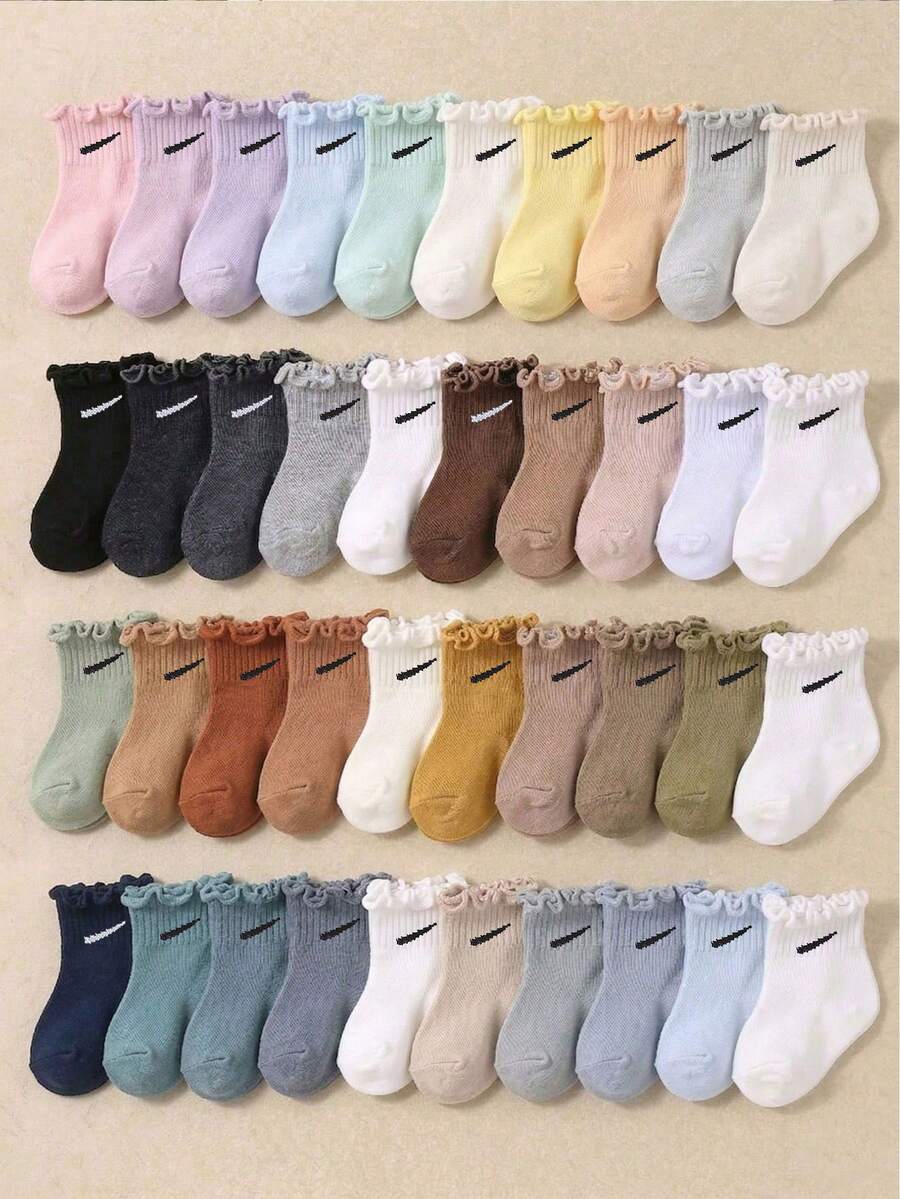 5/10/20 Pairs Random Color Baby Crew Socks With Ruffle, Macaron Pastel And Earth Multi Colors, Baby Essentials, Socks For Toddler, Back To School - Multicolor - View 1