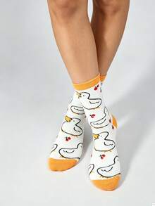 1/5/10 Pairs Women Novelty Cherry Duck Pattern Crew Socks,Soft Breathable Cute Cartoon Graphic Mid-Calf Socks,For Daily Wear&Home Outfit Matching - Multicolor - View 5