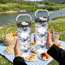 1/5 pièces Gobelet isotherme sous vide 30oz avec boîte cadeau, imprimé nuage bleu et blanc rayé lune étoile baleine, poignée pliable portable, couvercle anti-fuite à double rabat, tasse à double paroi, convient pour les promenades nocturnes, cadeau de dessin animé océan ciel étoilé rêveur - Baleine étoilée - Voir 5