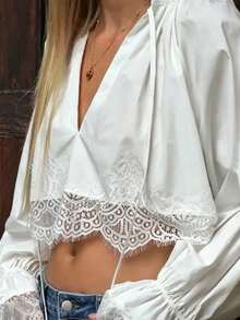 Women's Lace Trim Hem, Tie-Up Ruffle V-Neck Blouse, Spring/Autumn Commute Street Style Shirt - White - View 6