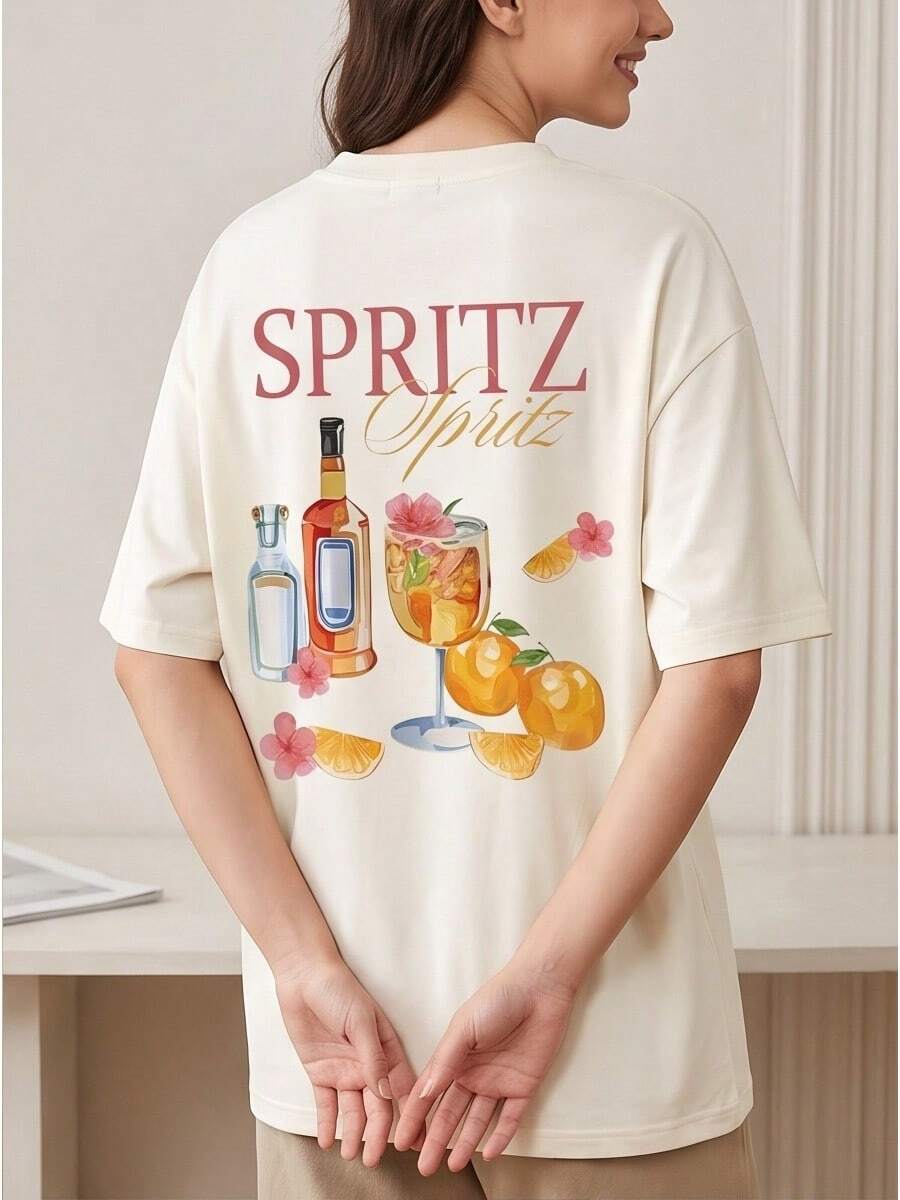 Women Casual Short Sleeve Vibrant Cocktail Spritz Graphic Print Breathable Tee Spring Summer Hand Wash Only Fast Local Delivery - 白色 - 查看 1