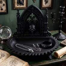 1pc Halloween Gothic Arch Church Skull Jewelry Storage Tray, Dark Aesthetic Carved Spire Detail Accessory Dish, Vintage Gothic Style Ring & Earring Holder, Suitable For Vanity, Entrance, Gothic Room And Halloween Decor - Multicolor - View 4
