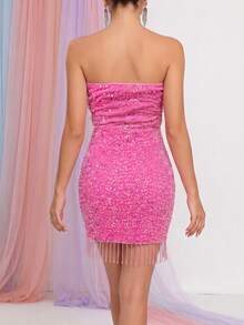 Women's Pink Strapless Mini Dress, 3D Rose Sequin Tassel Slim Fit, Suitable For Cocktail Parties And Nightclub Gatherings - Hot Pink - View 3