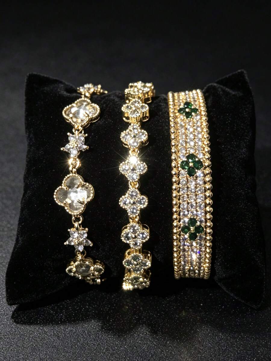 Juego de 3 piezas de pulsera y brazalete elegante y minimalista con circonita cúbica para mujeres, adecuado para uso diario, fiestas y vacaciones - Dorado - Ver 1