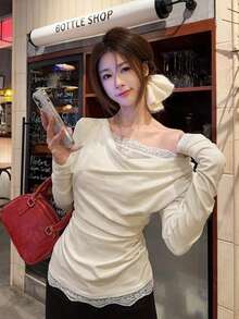 Draped Neck Pleated Long Sleeve Layered Lace Patchwork T-Shirt - Apricot - View 1