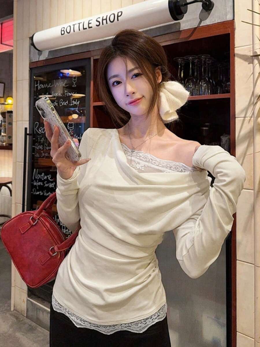Draped Neck Pleated Long Sleeve Layered Lace Patchwork T-Shirt - Apricot - View 1
