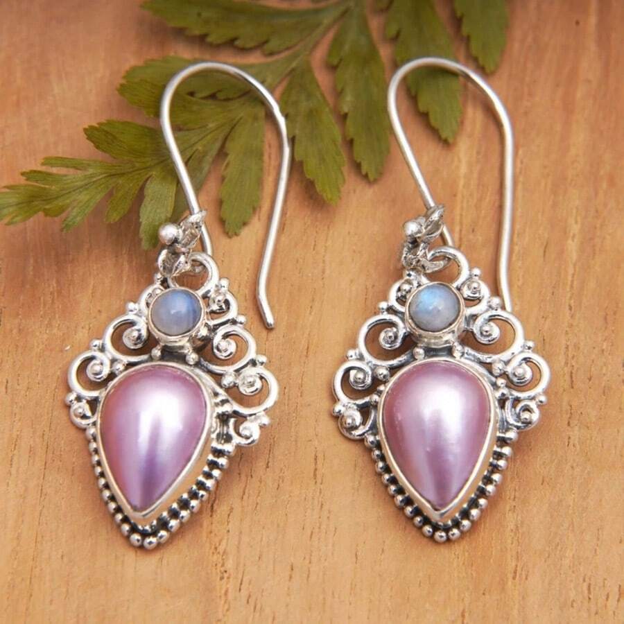 DIYCCPC Elegant Fashion Pattern Engraved Pink & Blue Bead Water Drop Hollow Pendant Earrings, Suitable For Daily Wear Jewelry