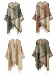 1pc Men's Striped Doorframe European & American Travel Style Shawl Cape, Versatile Double-Sided Solid Color Warm Scarf - Multicolor - View 6