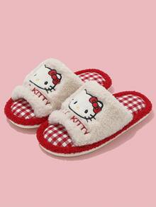 MAOLI Hello Kitty 開趾毛絨室內拖鞋，四季穿著，貓臉設計，優雅舒適吸汗透氣時尚百搭女款居家拖鞋，適合室內臥室大學宿舍，女款平底涼拖，趣味拖鞋 - 紅色的 - 查看 9
