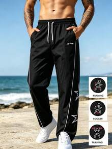Men's Side Star & White Stripe Straight Leg Sports Pants - Black - View 3