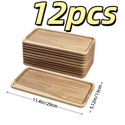 12pcs Extra Large Long Acacia Wood Trays, Rectangular Wooden Coffee Dessert Jewelry Storage Trays, Kitchen Vanity Trays, Size 11.4in X 4.1in