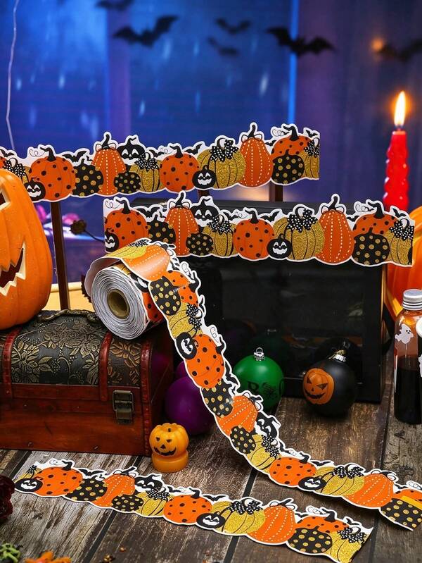 1pc Halloween Pumpkin Theme Decorative Border Strip, Wall Sticker, Furniture Decoration, Available In Pink Ghost And Classic Pumpkin Styles, Suitable For Classroom Blackboard, Bulletin Board, Display Board Edge Decoration; Door Frame, Window, Storage Cabinet, Message Board Surrounding Decoration; Kindergarten, Training Center Halloween Theme Decoration; Party Background, Photo Frame Border Decoration. Classic Halloween Harvest Style.