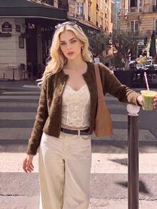 Nicenter Women's Fall‑Winter Vintage Wool Blend Marled Slubby Knit Crew Neck Button Cropped Cardigan Sweater Long Sleeve Basic Tops Fall Clothes For Women - Coffee Brown - View 9