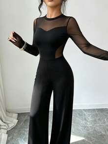 Women's Round Neck Mesh Patchwork Casual Daily Wear Jumpsuit - Black - View 3