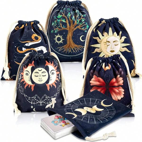 6-Pcs Tree Print Fabric Tarot Deck Organiser Drawstring Velvet Bags (18x15 Cm) For Tarot Cards, Witchcraft Divination Supplies, Gift Set For Card Game Enthusiasts