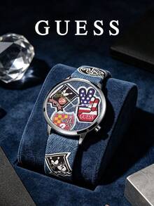GUESS Casual Analog Wristwatch, Seiko Y121 Quartz Movement, Vintage Denim Fashion Gift Watch For Men & Women, V1004M1 - Silver - View 8