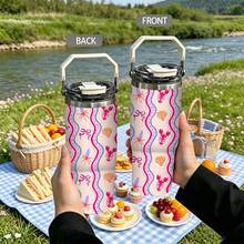 1/5pcs 30oz Vacuum Insulated Travel Mug With Gift Box, Light Pink Wavy Lobster Shell & Bow Print, Foldable Portable Handle, Double Flip Leak-Proof Lid, Double Wall Mug, Kids Outdoor Use, Playful Cartoon Marine Life Gift - Marine Life - View 5