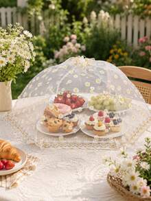 1pc Daisy Pattern Foldable Food Cover Mesh, Embroidered Daisy Mesh Decoration, Mosquito-Proof Tablecloth, Home Tablecloth, Large Foldable Food Cover, Fly-Proof Kitchen And Outdoor Camping Mesh, Food Cover, Home Vegetable Cover, Foldable Vegetable Cover, Home Dining Table Food Cover, Fly-Proof Mesh, Dust-Proof Outdoor Use, Table Protector, Food Platter Accessory, Spring/Summer Outdoor Picnic, Camping Essential - Multicolor - View 5
