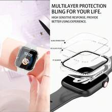 1pc Unisex Black Sequin Decorated Ultra-Thin Tempered Glass Protective Case, Compatible With Apple Watch 38/40/41/42/44/45/46/49mm, Compatible With Apple Watch Series Ultra/SE/11/10/9/8/7/6/5/4/3/2/1, Smart Watch Protective Case Accessory - Black - View 1