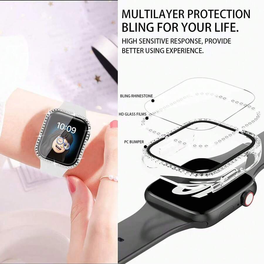 1pc Unisex Black Sequin Decorated Ultra-Thin Tempered Glass Protective Case, Compatible With Apple Watch 38/40/41/42/44/45/46/49mm, Compatible With Apple Watch Series Ultra/SE/11/10/9/8/7/6/5/4/3/2/1, Smart Watch Protective Case Accessory - Black - View 1