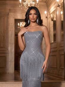 Vestido de noche elegante para mujer, sexy, con hombros descubiertos, espalda descubierta, de lujo, con flecos de strass, largo, tipo vendaje, para boda de otoño - Gris - Ver 11