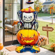 1pc Large Base Halloween Skeleton Pumpkin Balloon, Standing Skeleton Pumpkin Balloon, Suitable For Halloween Decoration, Birthday, Trick Or Treat, Horror Theme Atmosphere Decor, Room Decoration, Skeleton Outdoor Decor - Multicolor - View 5