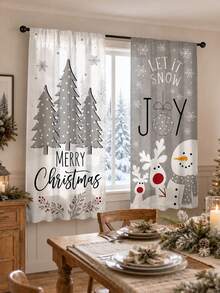 2pcs Gray Tone Minimalist Reindeer Snowman Christmas Tree Christmas Print Curtains, Rod Pocket Polyester Fabric, Simple Line Pine Tree Red Berry Snowflake Holiday Text Full Print, Nordic Cold Style Quiet Winter Christmas, Machine Washable, Kitchen Living Room Bedroom Decor Window Treatment - Multicolor - View 6
