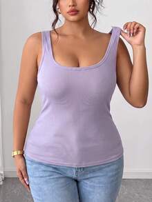 1pc Women's Plus Size Round Neck Tank Top, Built-In Bra, Soft And Comfortable Sleeveless Top, Suitable For Daily And Casual Wear - Mauve Purple - View 3