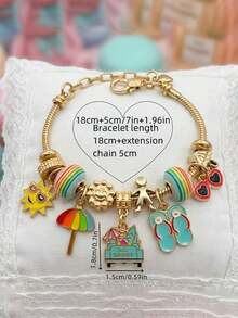 Summer Sun Rainbow Charm Bracelet For Women, Golden Beaded Bracelet With Flip Flops Umbrella Pendant, Cute Vacation Jewelry Gift - Multicolor - View 6