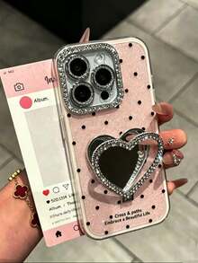 1 pieza Funda de teléfono con lunares de strass, compatible con iPhone 17 16 15 Pro Max 14 Plus 12 13 11 Air, con protección de cámara, carcasa protectora de acrílico brillante y colorido - Rosa + soporte - Ver 4