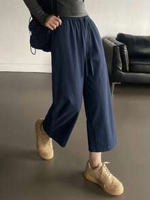 女款 9/10 分長寬腿褲，夏季新款彈性腰抽繩輕量透氣，慵懶寬鬆百搭休閒褲，適合日常穿著 - 藏青 - 查看 11