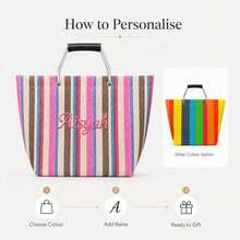(Custom) Personalized Embroidered Minimalist Striped Canvas Tote Bag, Original Niche Versatile Commuter Large Capacity Handbag Shoulder Bag For Students - Multicolor - View 9